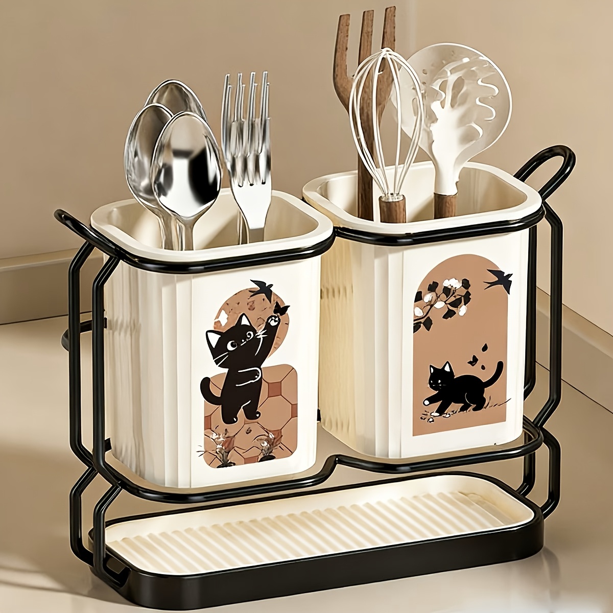 TEMU 1pc Carbon Steel Kitchen Utensil And Knife Organizer With 2 Utensil Buckets, 2-in-1 Countertop And Wall Mounted Storage Rack, Detachable Drip