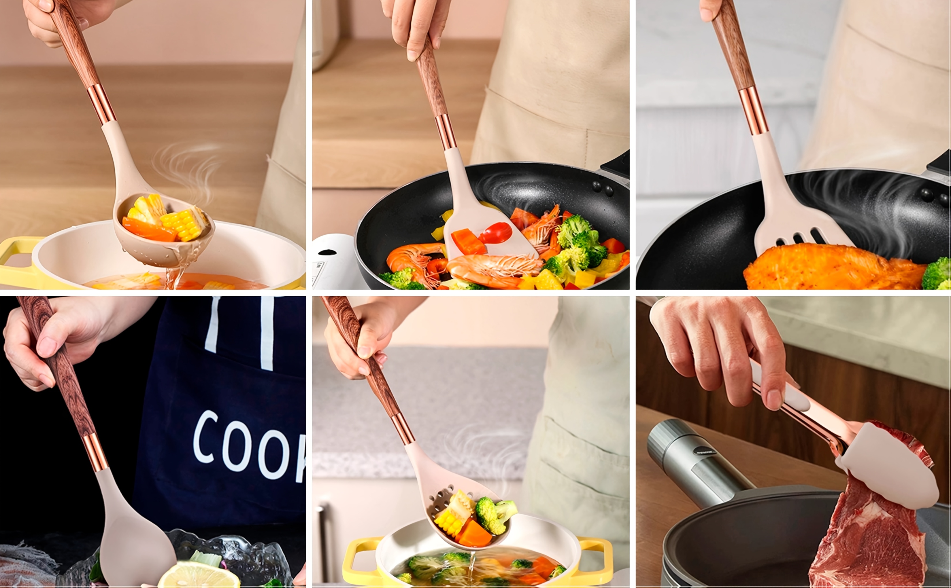 24pcs silicone cooking utensils set kitchen utensils set with storage box wood pattern handle silicone utensils for cooking with food safety turner pasta server skimmer ladle spoon tong whisk details 3