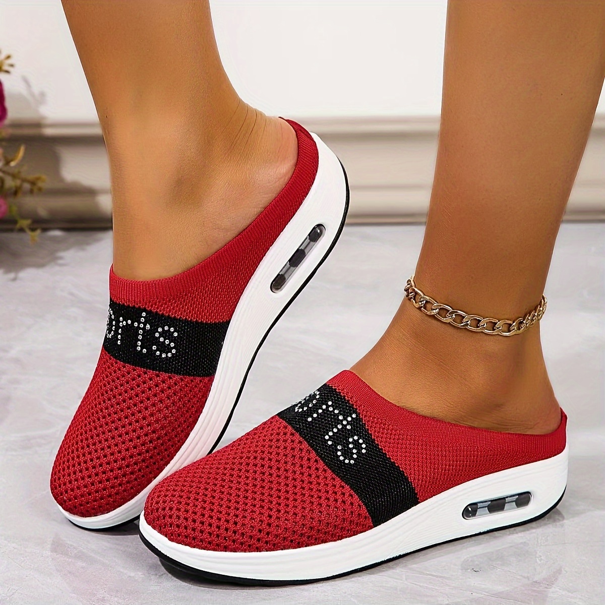 Women's Colorblock Mesh Knitted Sneakers Rhinestone Letter - Temu