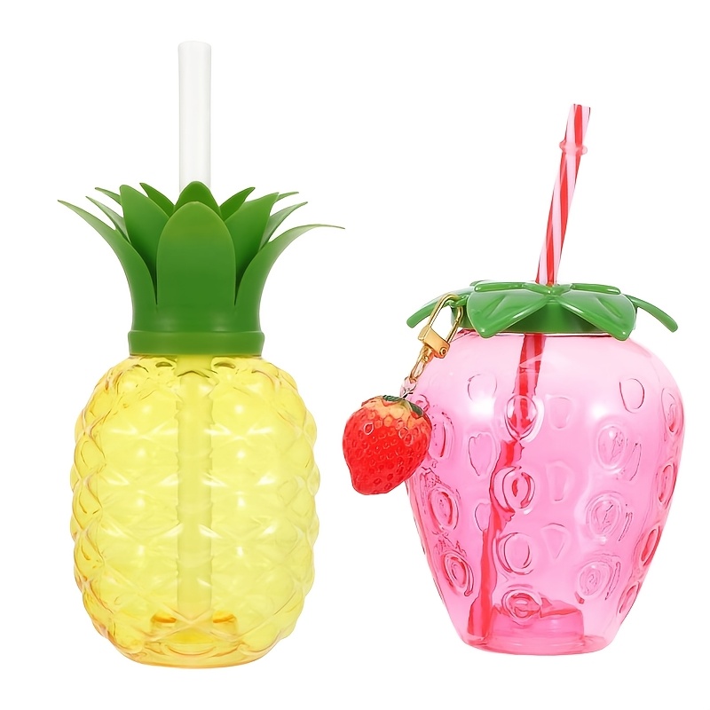 2pcs Spill-proof Sippy Cups With Lids & Straws Suitable For Travel, Beach & Swimming - Lightweight Bpf-free Plastic Tumblers, Cute Hawaiian Fruit Shaped (strawberry & Pineapple) For,, Summer Drinks
