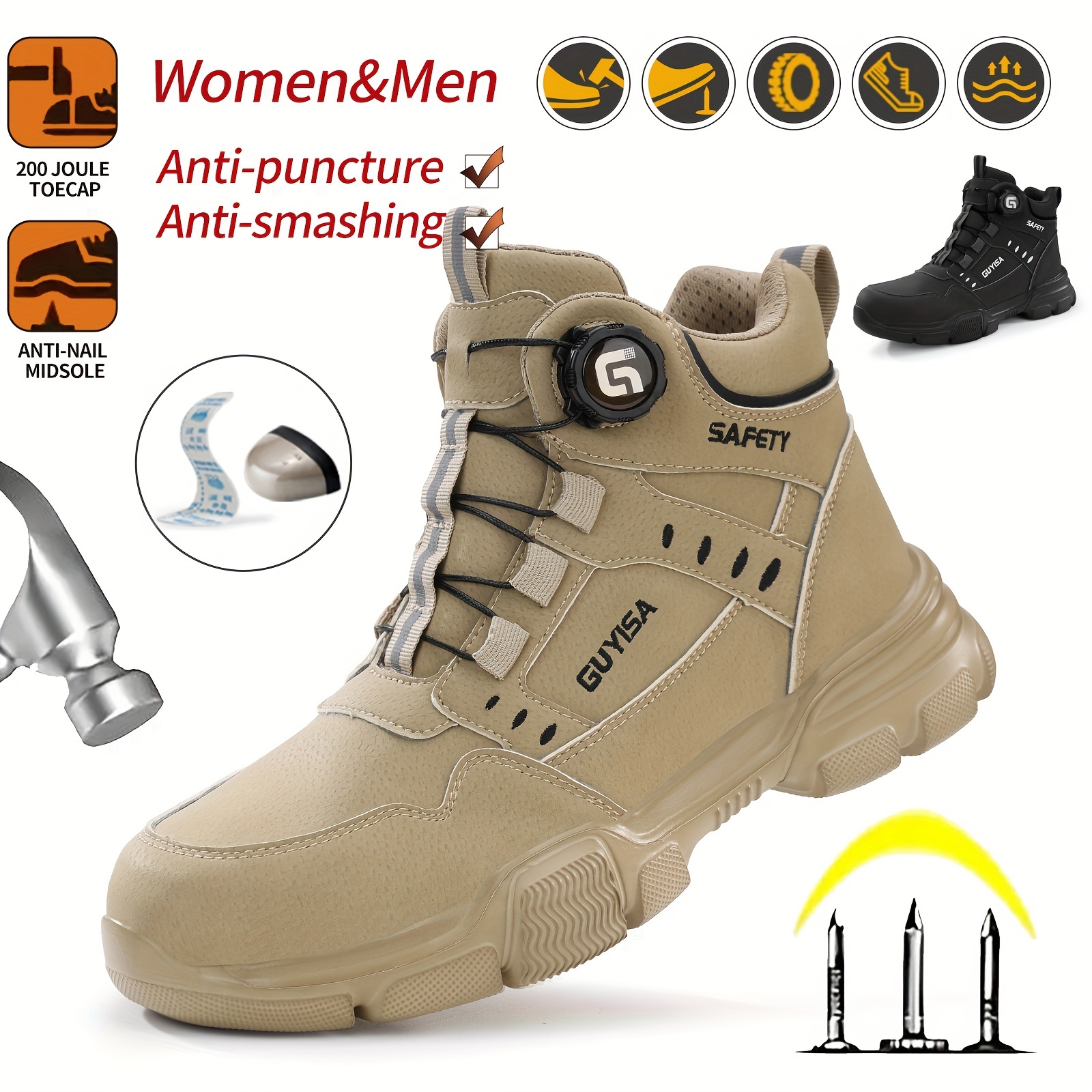 1 pair mens high top work shoes steel toe safety sneakers with side comfortable anti smash anti puncture casual sports footwear solid color round toe eva sole fabric new retro style college style movement style spring autumn spring summer details 1