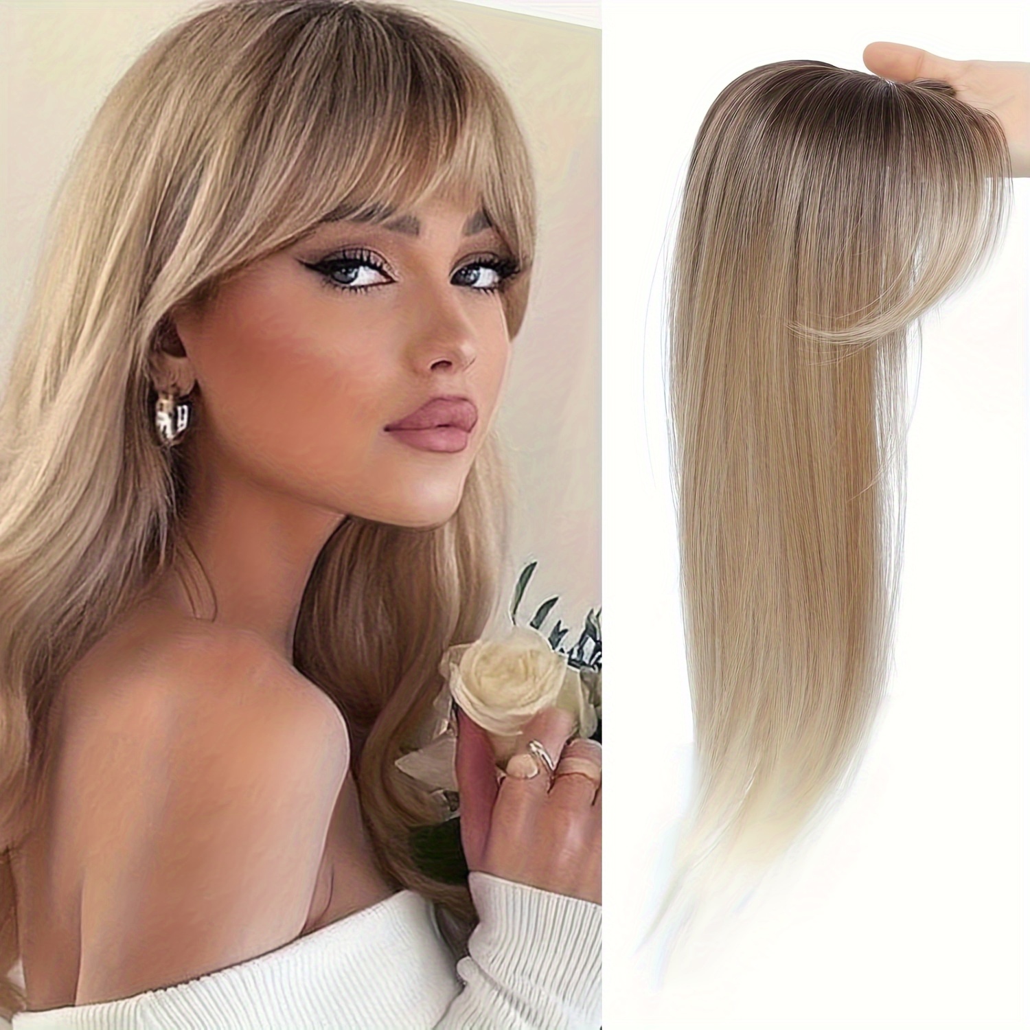 

Clip In Bangs Bangs With Hair, 360° Cover Clip In Bangs Hair Clip In Hair Extensions, Blonde With Dark Bangs For Women French Bangs With Hairpieces Clip In Bangs For