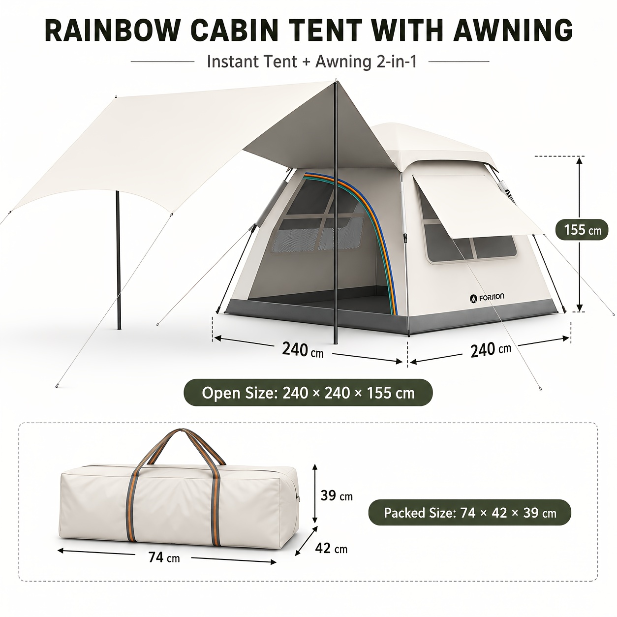 Image of 5-6 Person Quick-opening Cabin Tent With Large Awning, 240 X 240 X 155cm Tent, Pu 6000mm High Quality, Sunshade Breathable, With Storage Bag