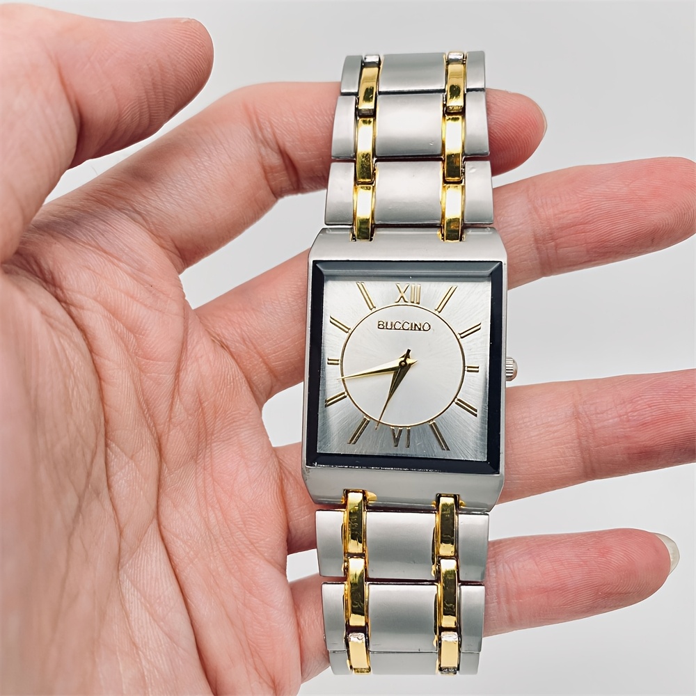 TEMU Elegant Rectangular Men' Steel Quartz Watch - White Dial With Golden Roman , Date Window, Minimalist Business Casual Design, Battery-powered Dress Watch For Formal & Casual Attire, Elegant