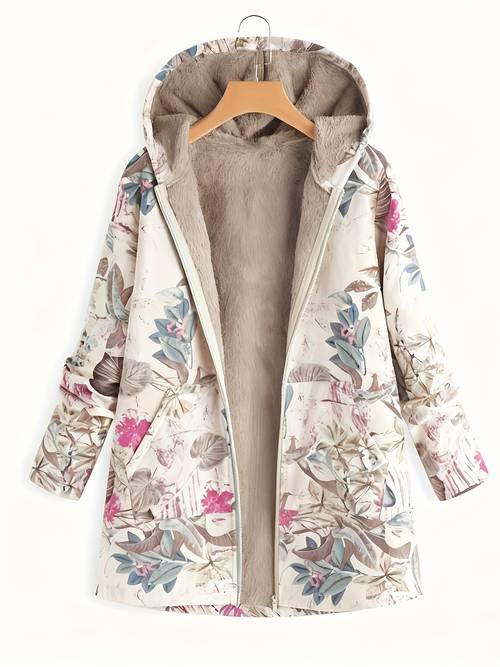 womens fashion winter hooded long sleeve zipper floral print jacket coat