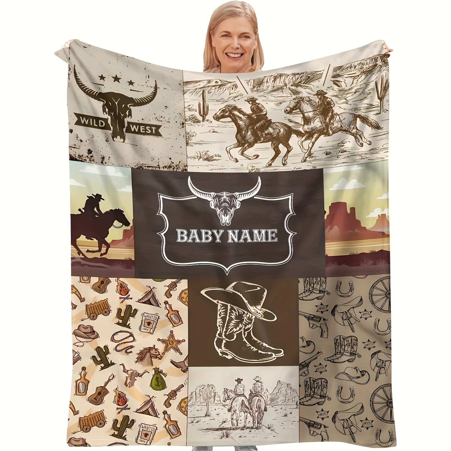 

Personalized Flannel Blanket Featuring Customizable Western Cowboy Names - A Soft Fleece Throw Suitable For The Couch, Office, And Uses, All With A Cartoon Theme, Making It An Decor Gift.