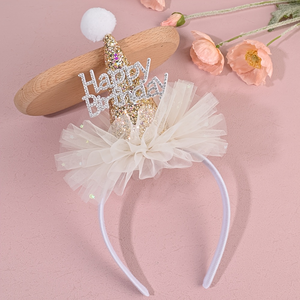 Image of 1pc Birthday Holiday Gift Hat Headband, Bling Glitter Happy Birthday Rhinestone Tulle Pom Pom Hair Hoop Shiny Party Photo Prop Decor Accessory Halloween Christmas Halloween Christmas