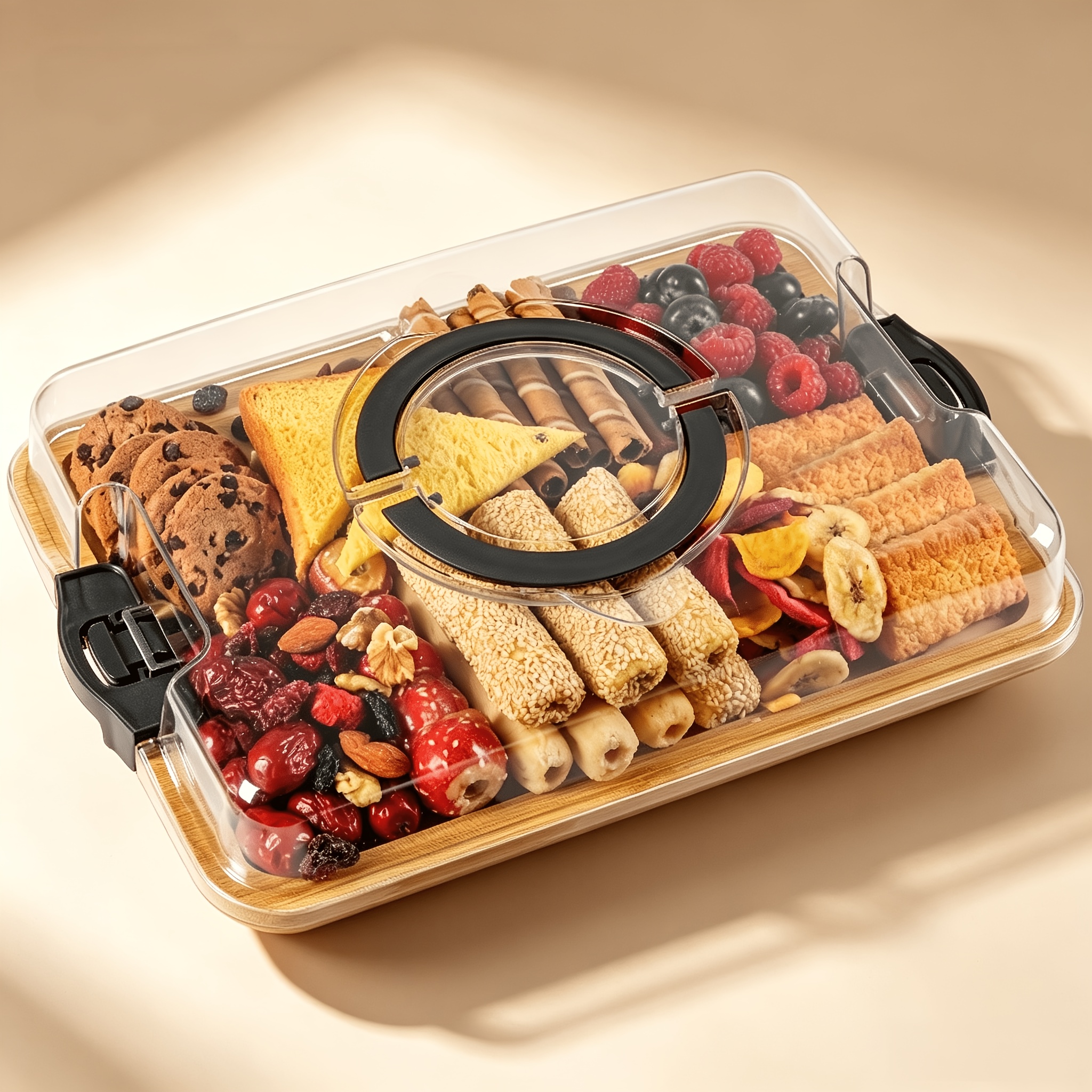 TEMU 2-in-1 Bamboo Cutting Board With Trays, Reversible Double-sided Design, 5 Compartments, Clear Locking Lid   Handle, Portable Storage For Cheese,