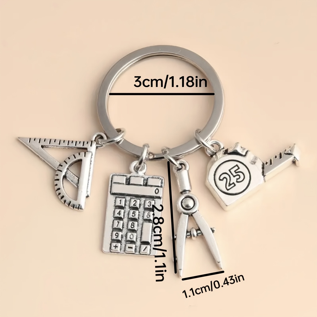 Math Teacher's Keychain - Mini Calculator, Ruler & Compass Charm Accessory With Calculator Button Numbers 0-9 - Graduation Gift For Educators, Supplies Replica Key Ring For Male & Female Teachers