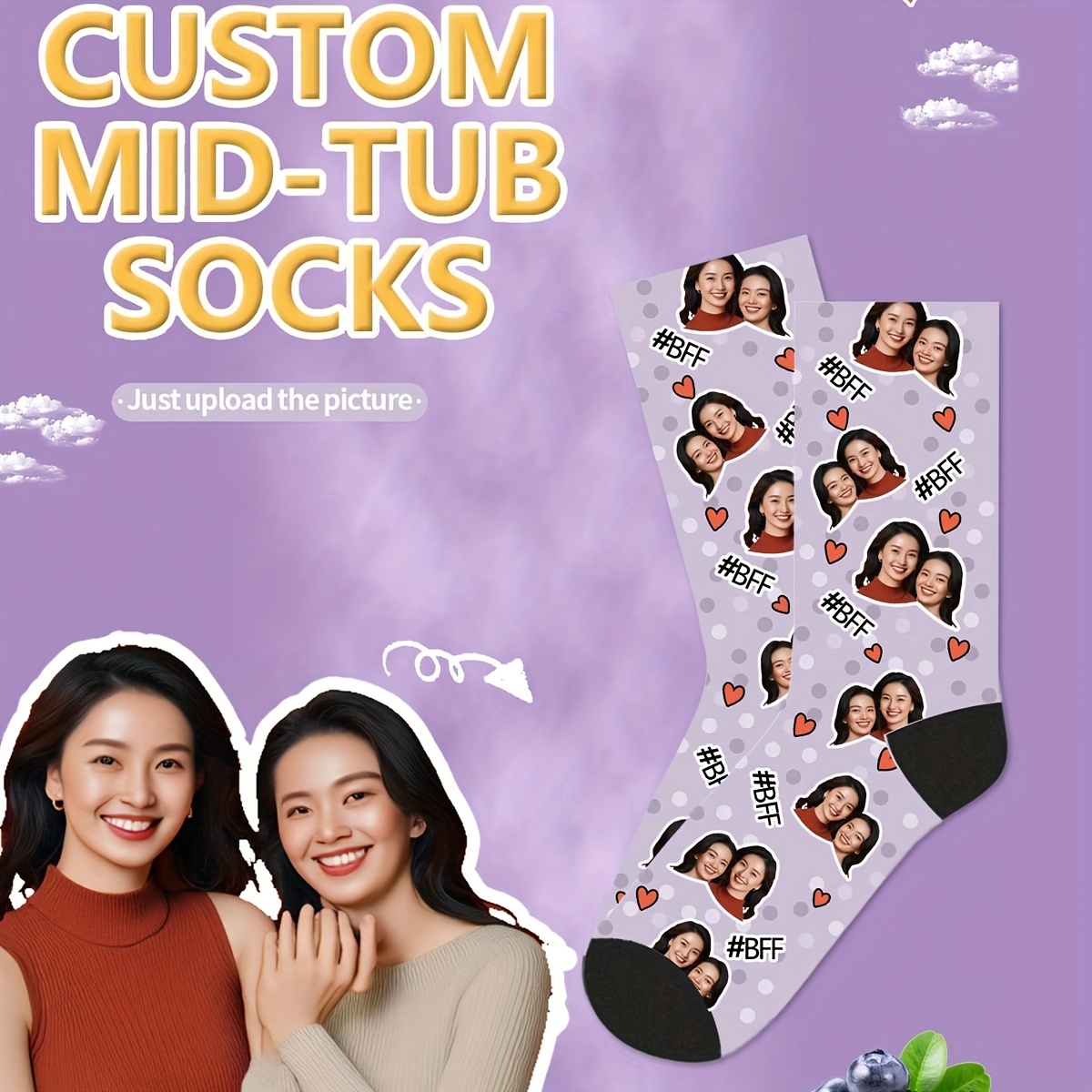 

1 Pair Custom Photo Mid-tube Socks For Women, Personalized , For Birthdays & , 95% Polyester 5% Spandex, Knit Fabric, Hand Wash Only, Solid Color