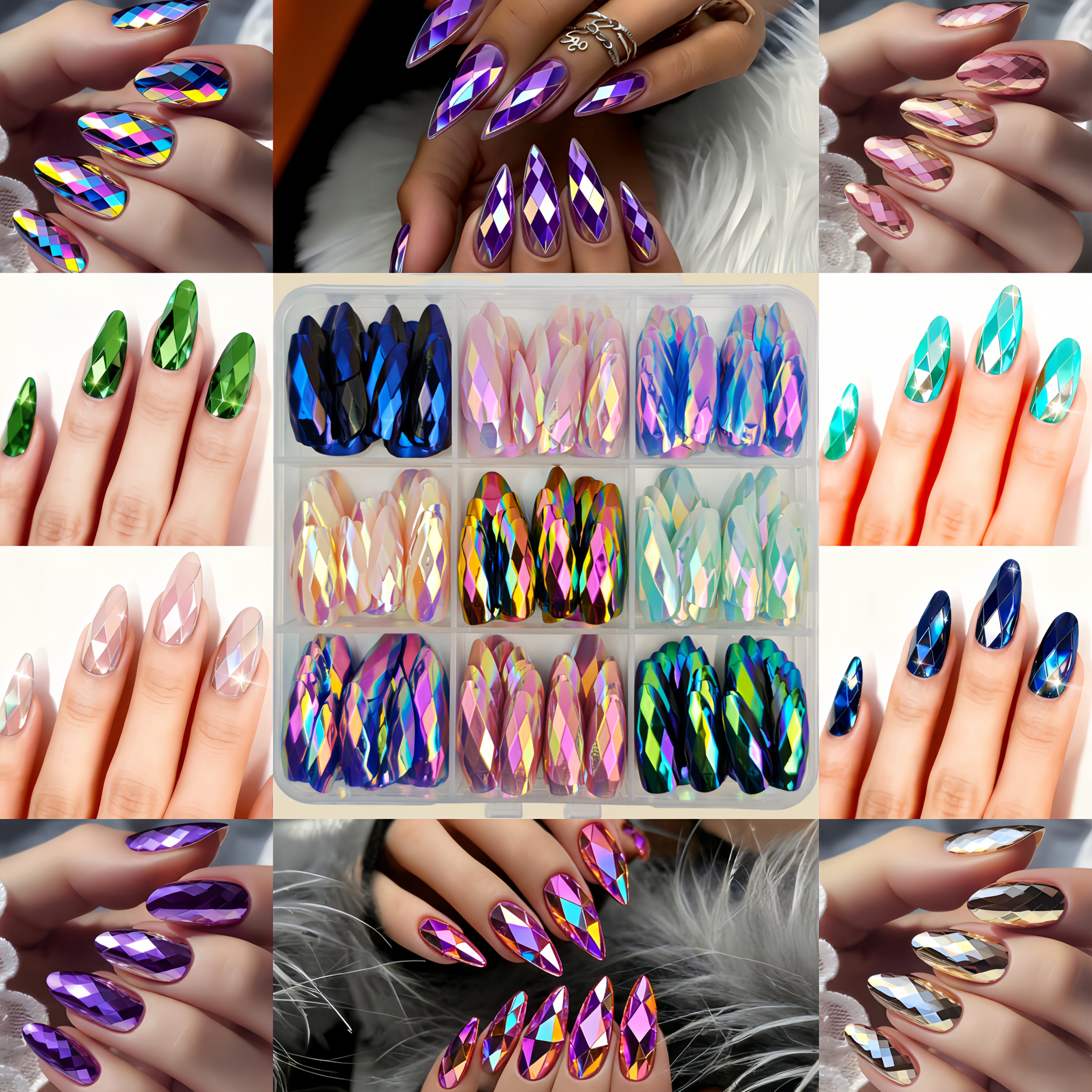 E-shop 216 Stück 3D Rhombus Stereoskopische Galvanisierte Ultra-Shimmer Nagelkombination Mittellange Mandel-Nägel Multicolor Gemischtes Nagelkunst Set