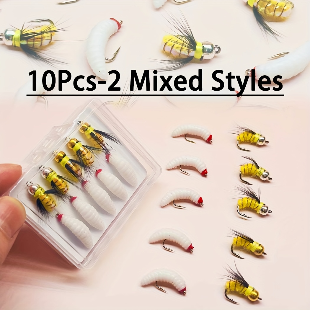 TEMU 6pcs-10pcs-assortment Fly Fishing Flies Bait | Maggot Worm & Yellow Fly Lure| Artificial Bait Fishing For Trout/salmon//perch/carp Etc-material