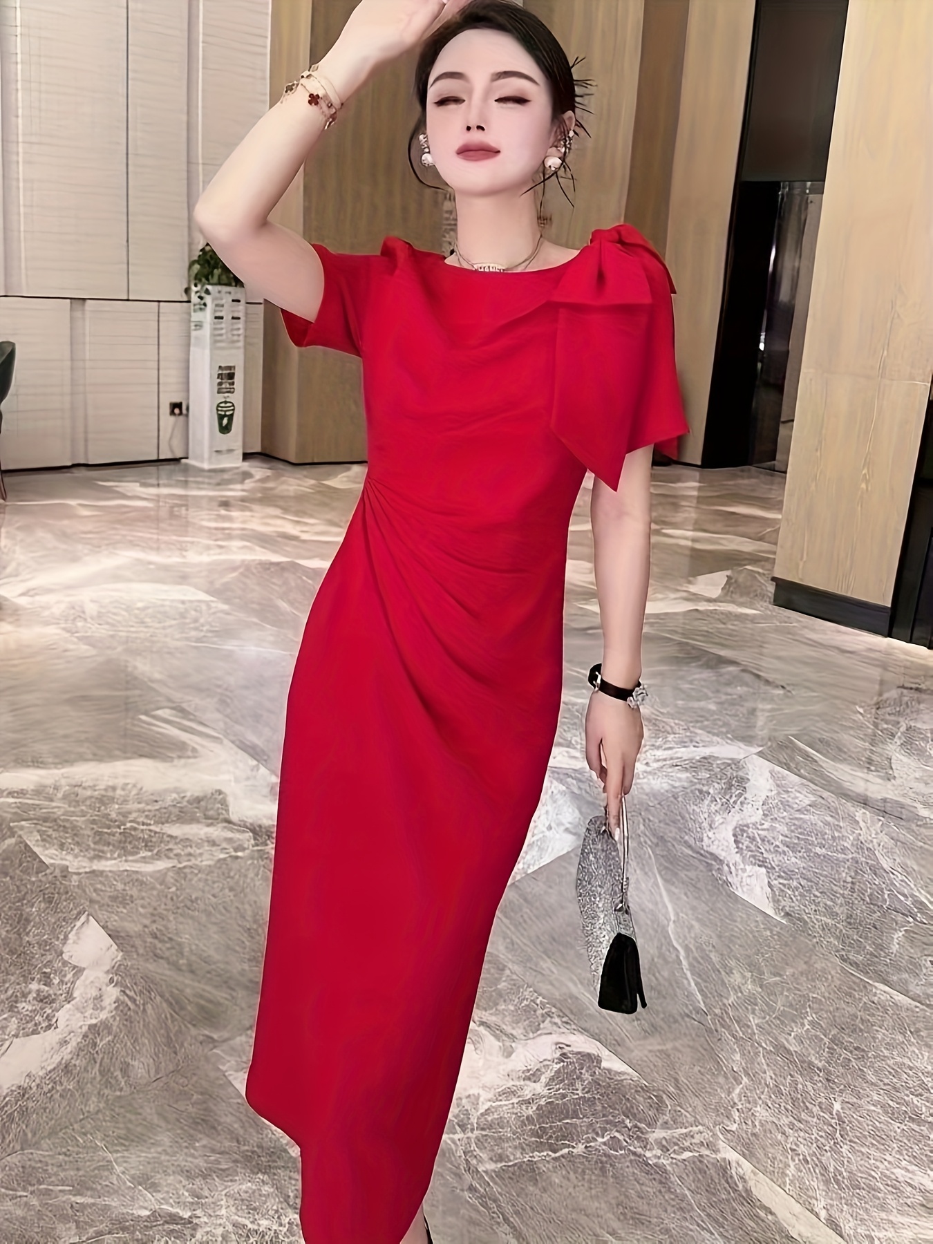 Dames Jurken Strik Jurk Korte Mouw Elegante Rode A Line Midi Jurk - Main Image