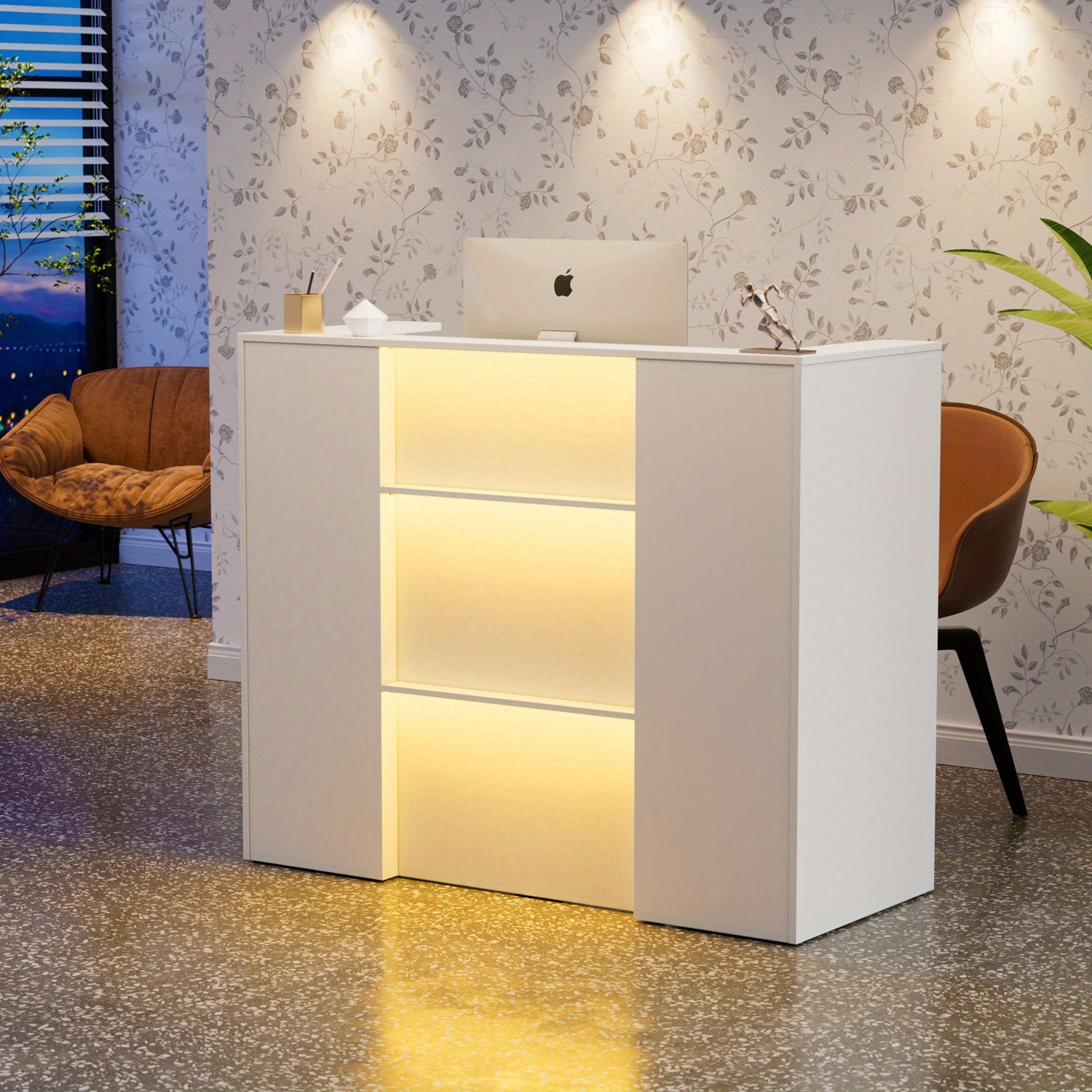 Image of Reception Counter, Reception Desk, Reception Desk With Lockable Drawers And Open Shelves, Reception Desk With Storage Cabinets, Suitable For Salons, Retail Stores Or Offices, White
