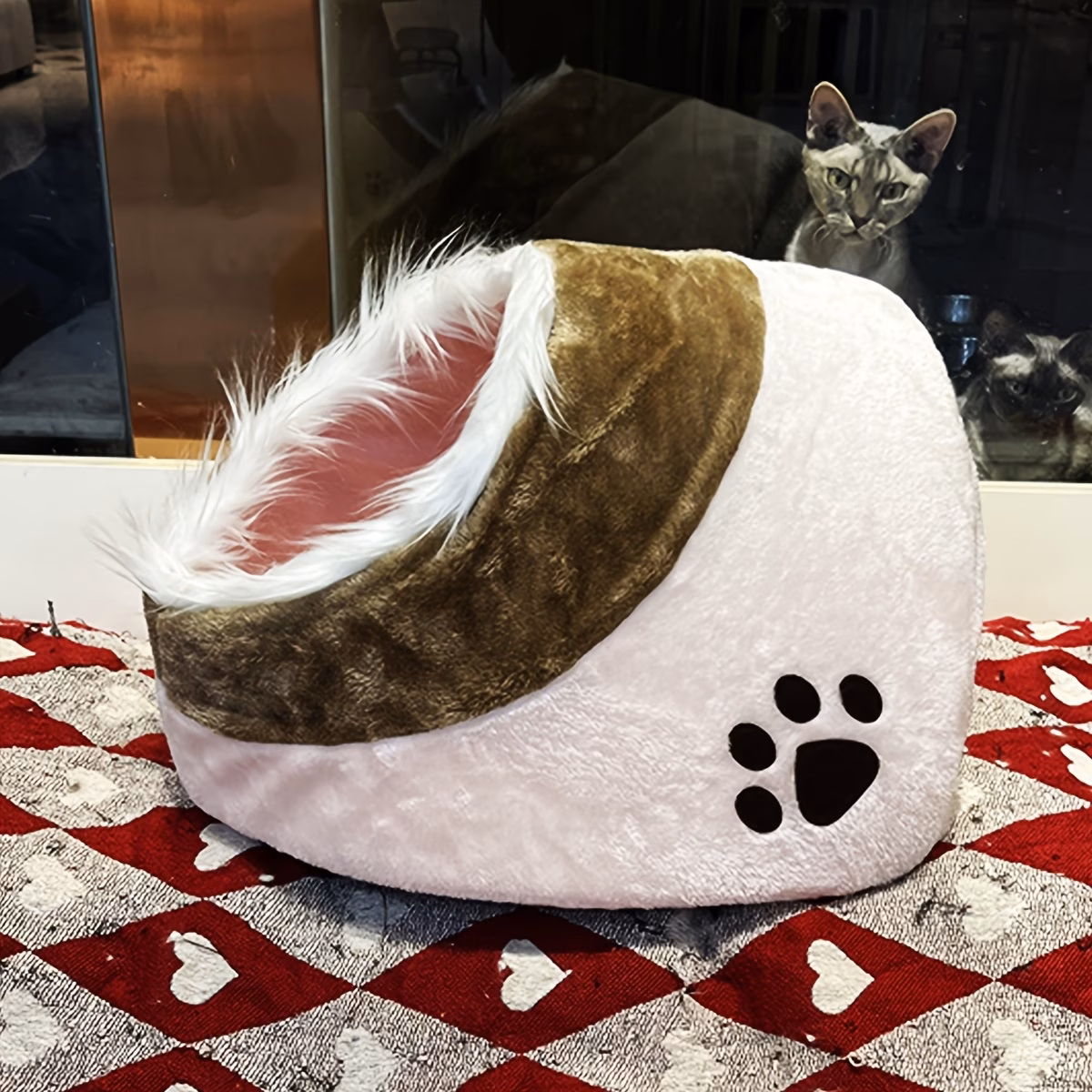 soft plush cave cat bed with fluffy trim entrance warm enclosed pet sleeping nest cozy hideaway shelter for indoor kittens small cats Product details 9