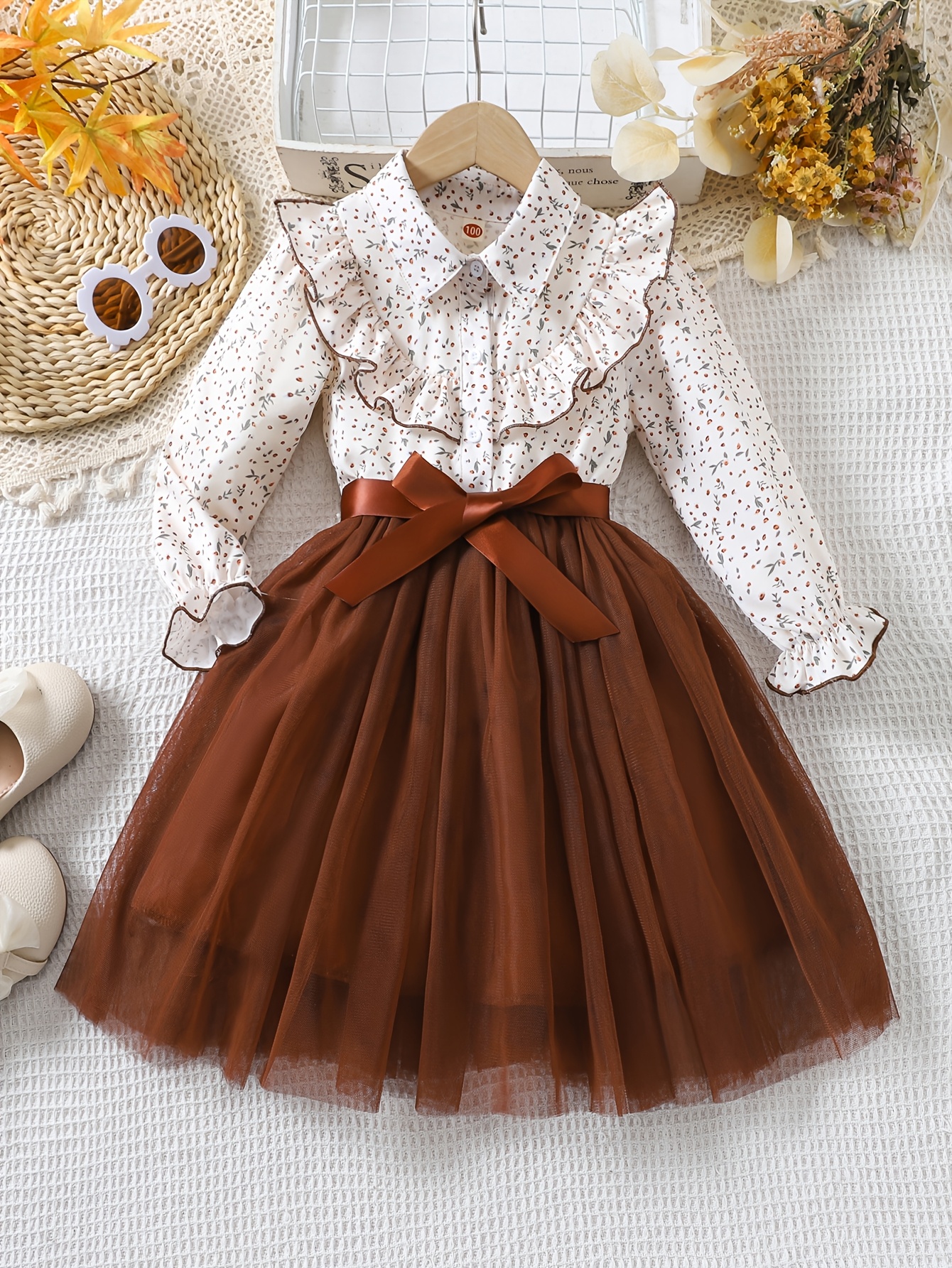 peach & floral print long sleeve dress for girls - elegant ruffle neck,  knee-length, polyester - ideal for spring/fall celebrations, cute dresses |  Shop Trends | Temu