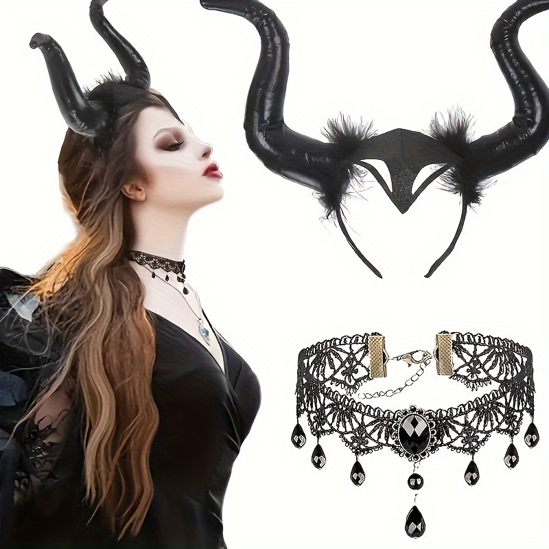 

2pcs/set Head Buckle Jewelry Dress Up Performance Props Foreign Trade Feather Head Black Hoop Sleeping Demon Horn