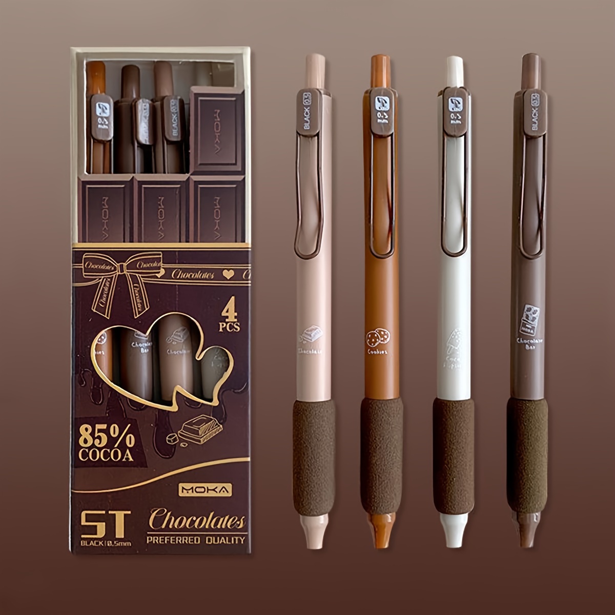 

4pcs Mocha Chocolate Themed Quick- Pens - St Tip, Ideal For Students & Office Use