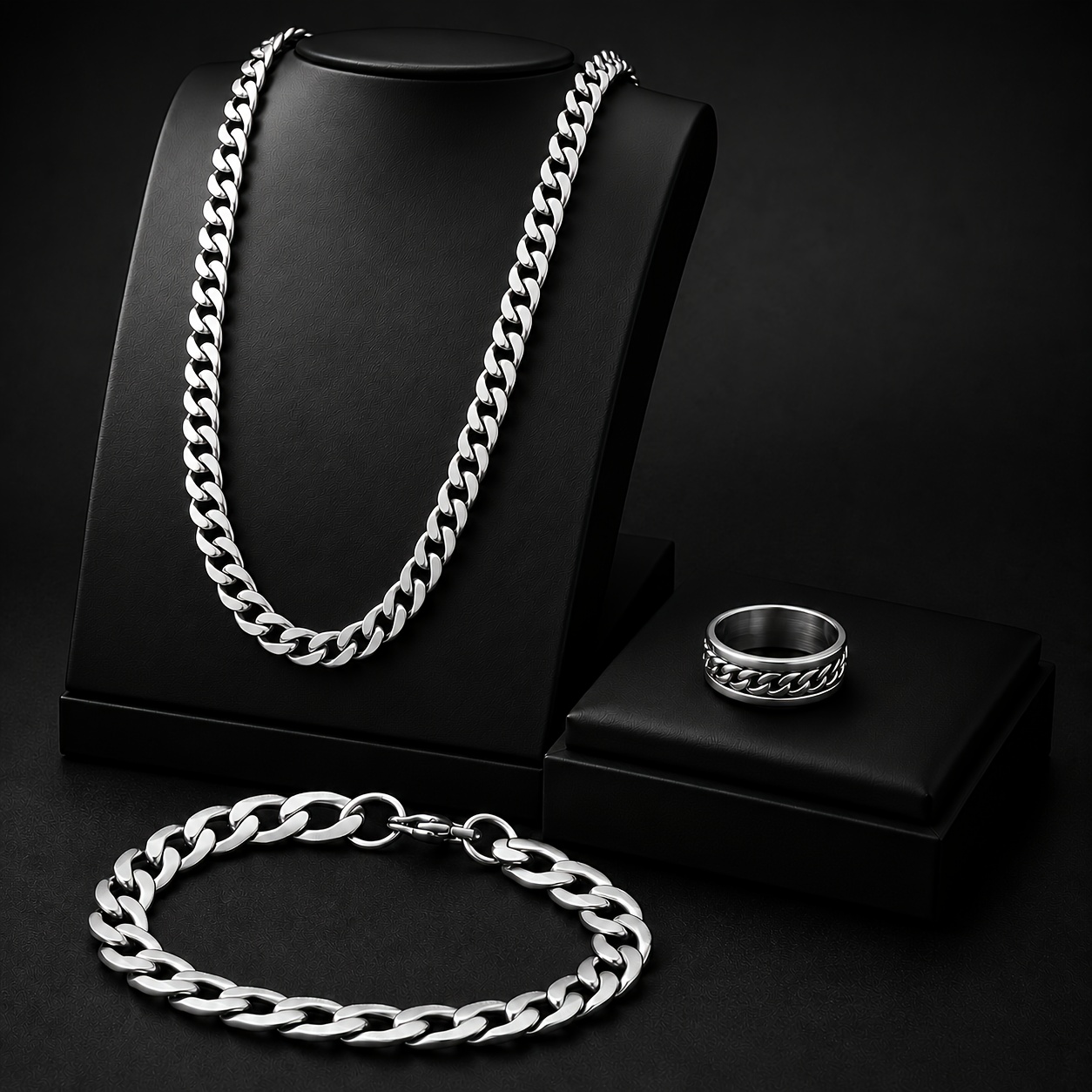 TEMU 3pcs 304 304 Stainless Steel Cuban Chain Set Combination - Necklace Bracelet + New Combination Suitable For Everyone Easily An Perfect Jewelry