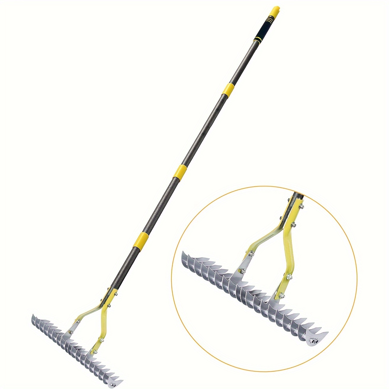 

Efficient 15-inch Wide Thatch Rake With Stainless Steel Handle - Durable Metal Lawn Grass Cleaner, Soil Loosening Tool, 70-inch Length