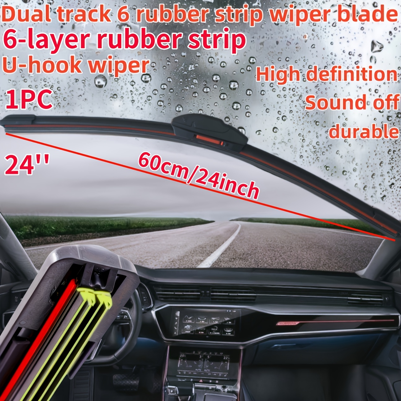 Image of 1pc{automotive Dual-track 6 Rubber Strip U-type Boneless Wiper Blade}/ Hd Quiet Durability/ U-type Automotive Wiper