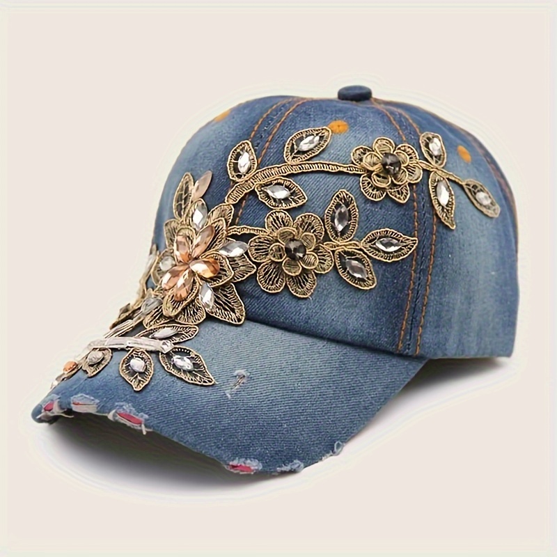 

Women's Denim Baseball Cap With Flower Rhinestone Design, Blue Distressed Casual Cowboy Sun Protection Hat, Perfect Gift For Her On Christmas, New Year, Valentine's Day
