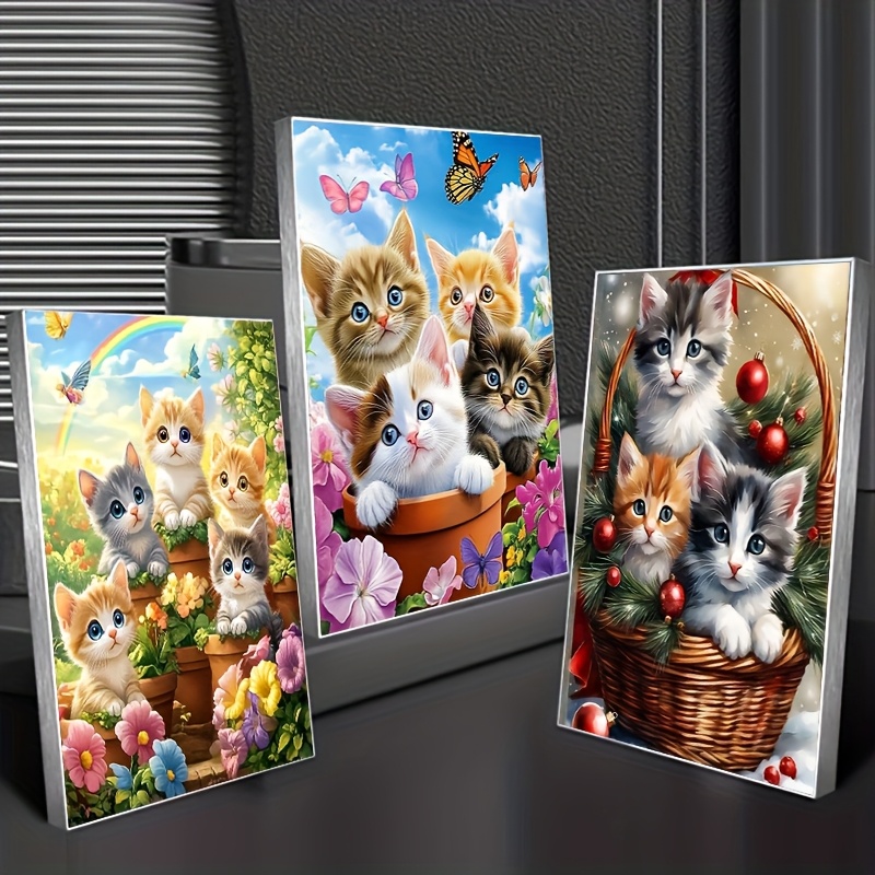 Image of 3 Sets Of Diamond Painting Kits, Cute And Kitten Design, Home Wall Decoration Holiday Party Decoration, Art Bedroom Living Room Hanging Painting, Frameless 30cm X 40cm/11.8 X 15.7 Inches
