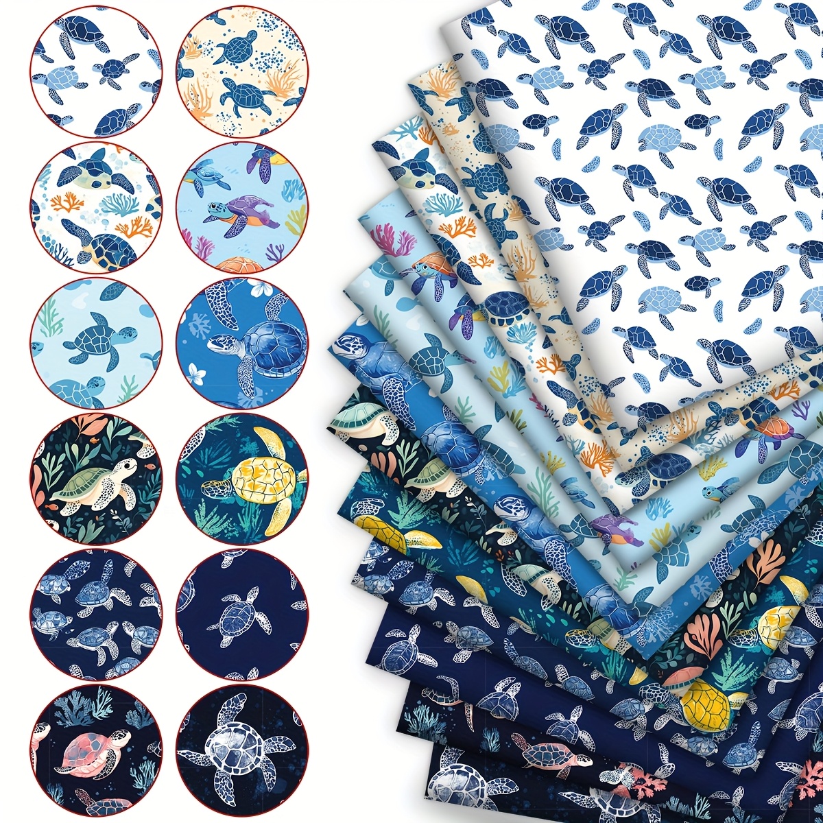 E-shop 12 Stück Meeresschildkröten, Ozean Geister, Eisblaue Ästhetik, 12 Designstile pro Stoffbündel, Polyester Quilten, für Quilten, Bastelprojekte,
