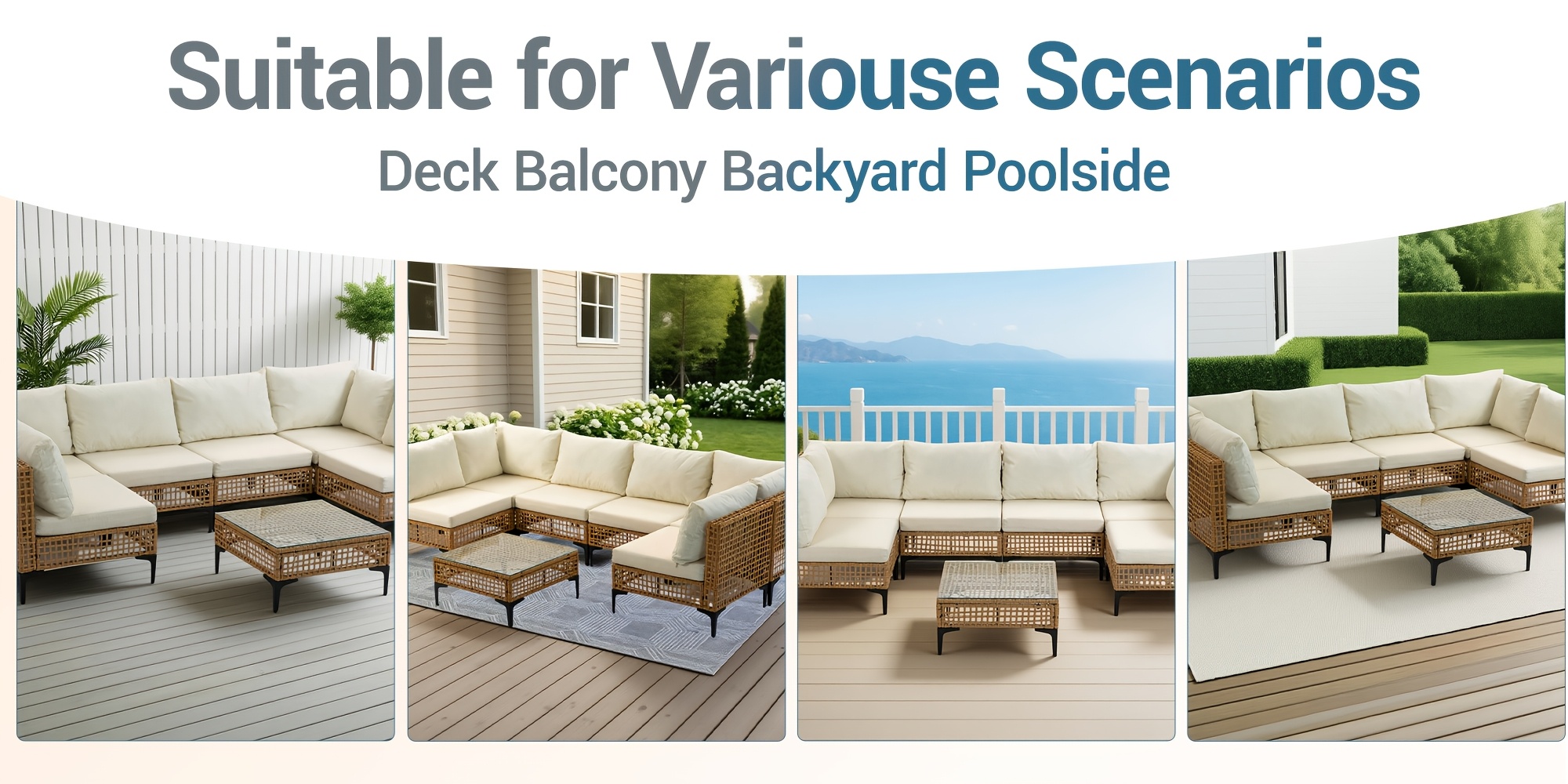 WENTUM 7pcs Outdoor Sectional Sofa Set, Boho Wicker Rattan Patio Furniture with Cushions And Table for Patio, Lawn, Backyard, Porch