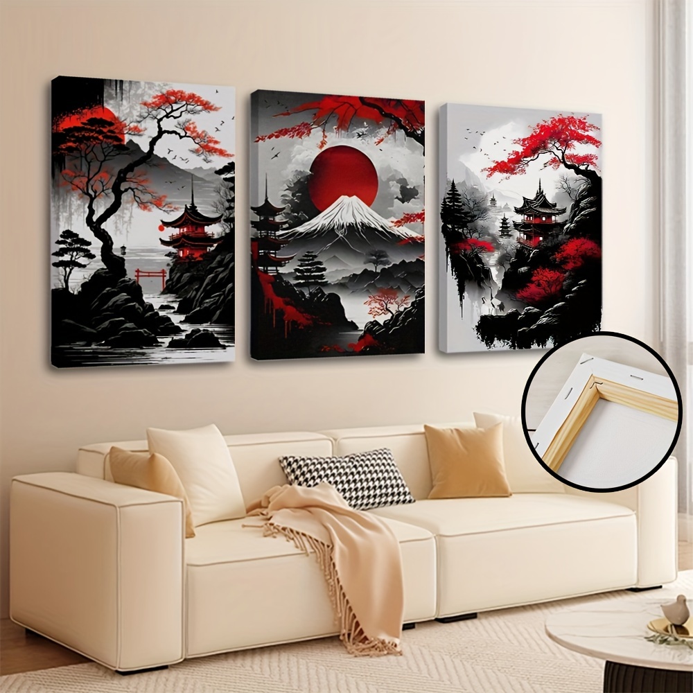 

3pcs/set Wooden Framed Canvas Poster, Modern Art, Japanes E-style Landscape Mountain Tower, Ideal Gift For Bedroom Living Room Corridor, Wall Art, Wall Decor, Winter Decor, Room Decoration