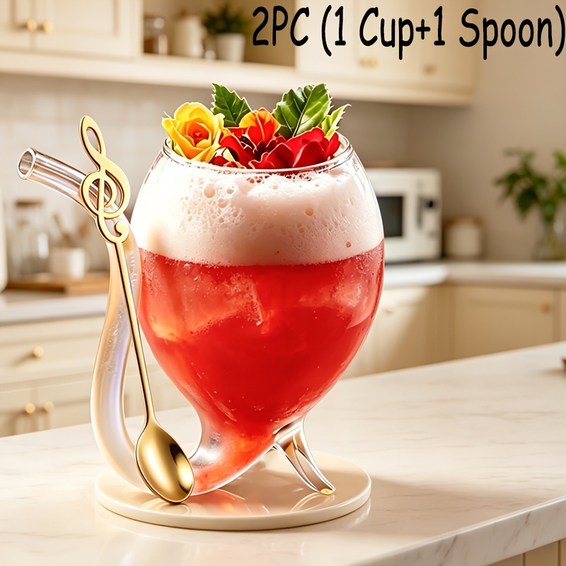 TEMU 2pcs (1 Glass Cup And 1 Spoon) Fall Thanksgiving Day 300ml/10.15oz Treble Clef Themed Cocktail Glass, Music Spoon, Clear Glass Drinking Coffee
