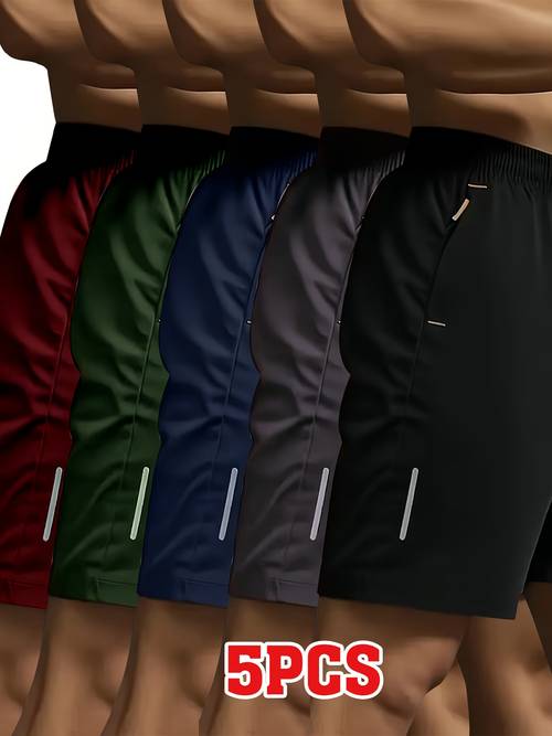 larawan ng item 5-pirasong - set ng mens sport casual shorts sa , kulay- , navy blue, green, at burgundy. ng reflective strip print, na may dual-side zipper, komportable at breathable na fabric, elastic waistband. maraming kulay at kombinasyon na . makabago at .