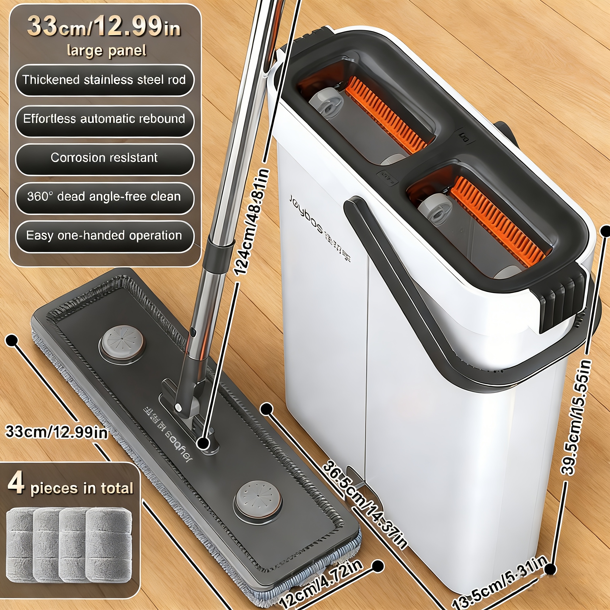 TEMU Ensemble Balai et Seau 12.99In/15.74 Pouces, Balai Plat avec Essoreuse, 4 Balais Lavables Réutilisables, Kit de Nettoyage Humide et Sec, Seau de