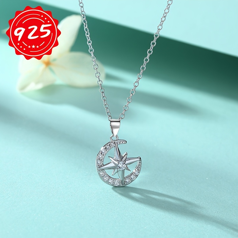 925 Silver Star Moon Pendant Necklace Hypoallergenic Single Pack