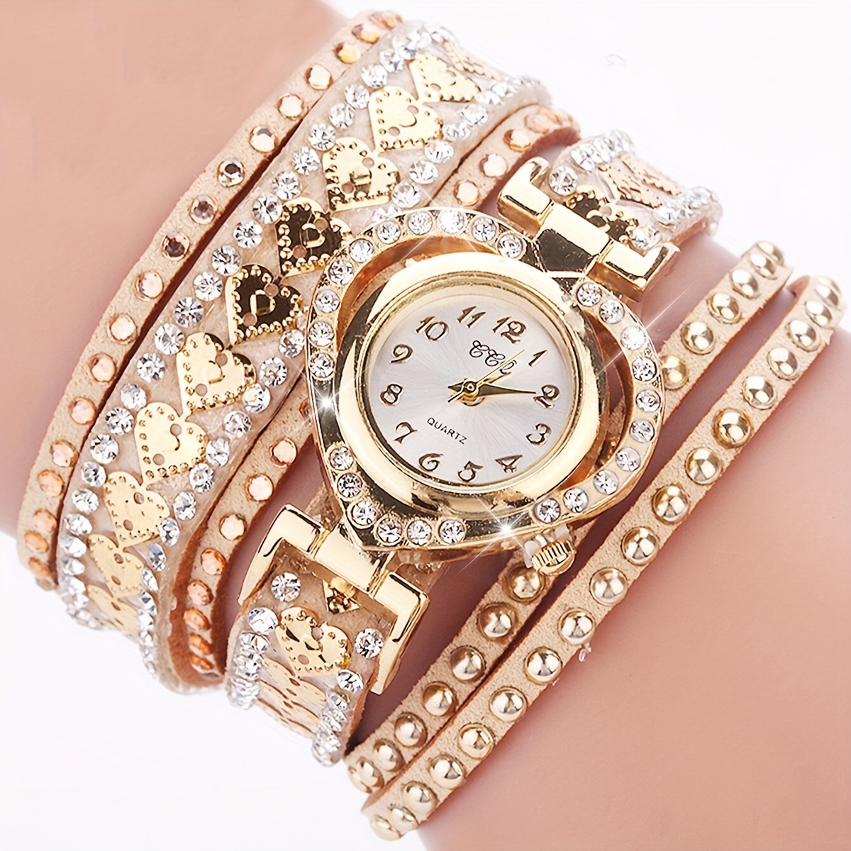 

Women's Luxury Rhinestone Heart Quartz Watch Boho Fashion Analog Pu Leather Wrap Bracelet Wrist Watch