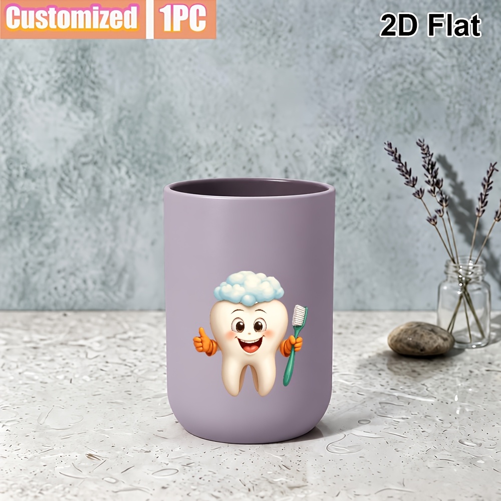 TEMU 1pc 2d Flat Custom Mouthwash Cup, Sparkling Happy ! Cute Tooth And Toothbrush Design, Suitable For And Enthusiasts, For Bathroom Or Decor,