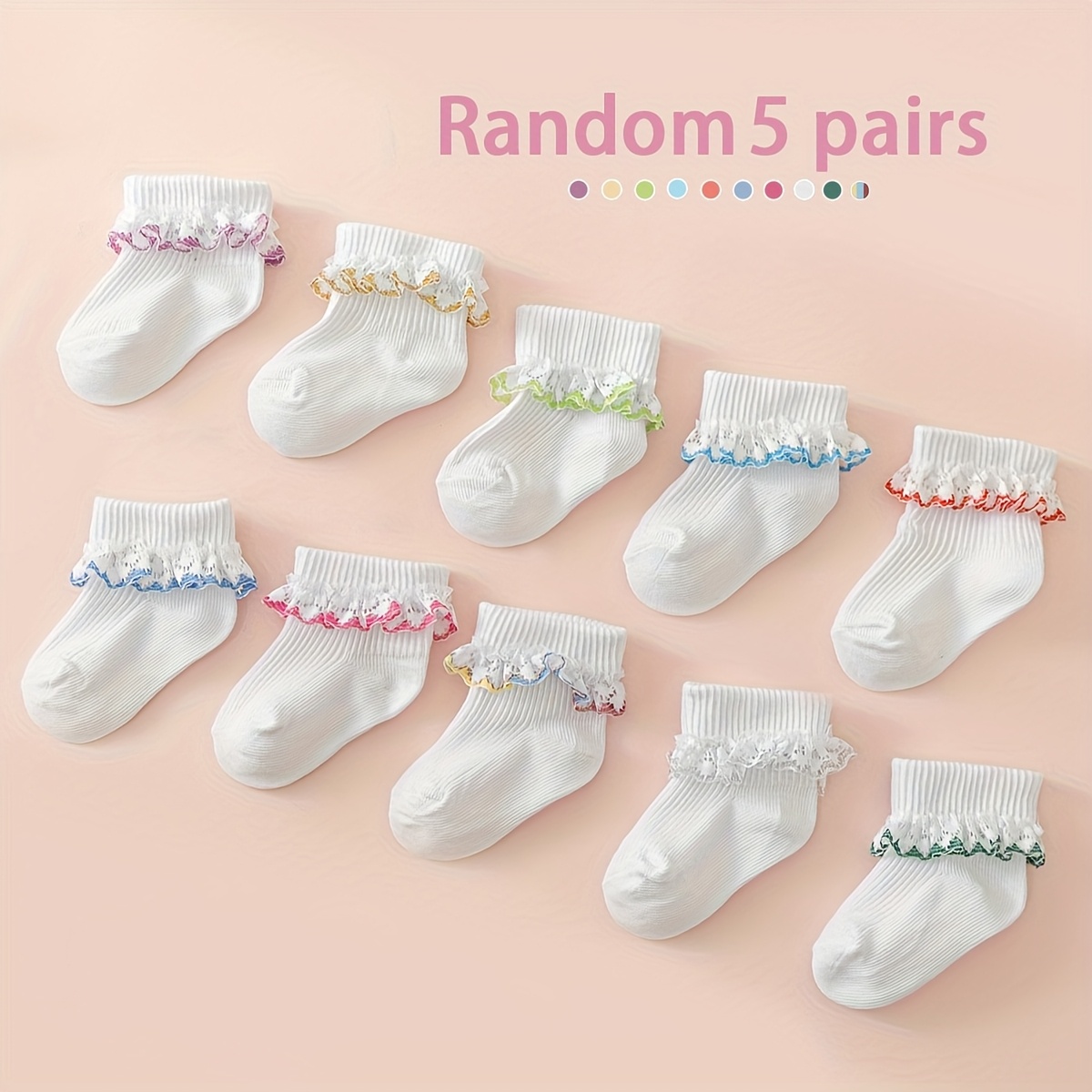 E-shop 5 Paar atmungsaktive Spitzensocken für Baby-Mädchen, Socken mit weiter Öffnung für Kinder, Prinzessinnen-Socken für Kinder, frische Farben,