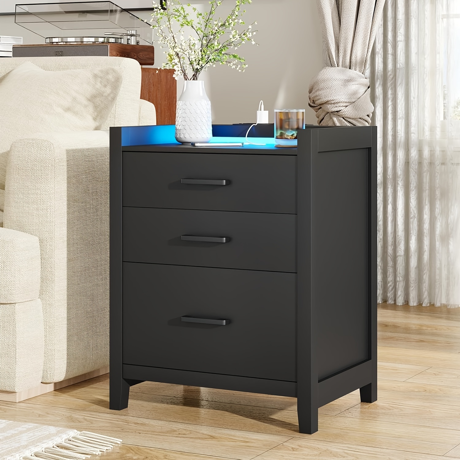 

Nightstand 3 Drawers, &led Lights For