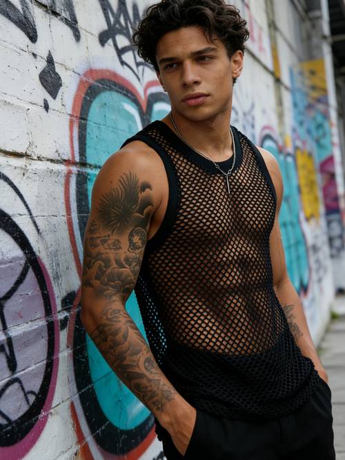 Artikelbild herren diamant-mesh ärmelloses shirt – halbtransparentes rundhals sportliches oberteil in uni-farbe, atmungsaktiv für nachtclubs, partys, frühling/herbst urlaubskleidung – für teenager & junge männer