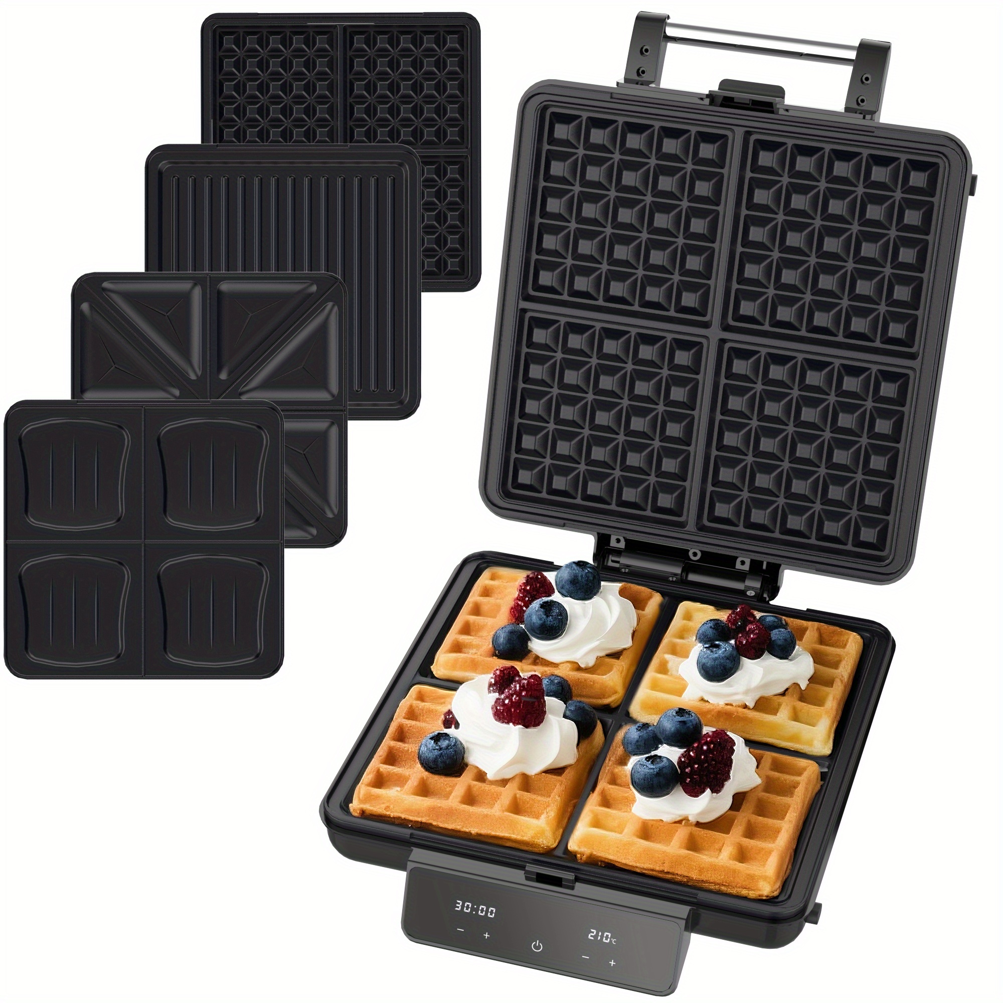 TEMU Advwin 4-in-1 Waffle Maker With Removable Plates, Sandwich Maker With Led Display, Touchscreen Timer, Adjustable Temperature, 1500w For ,