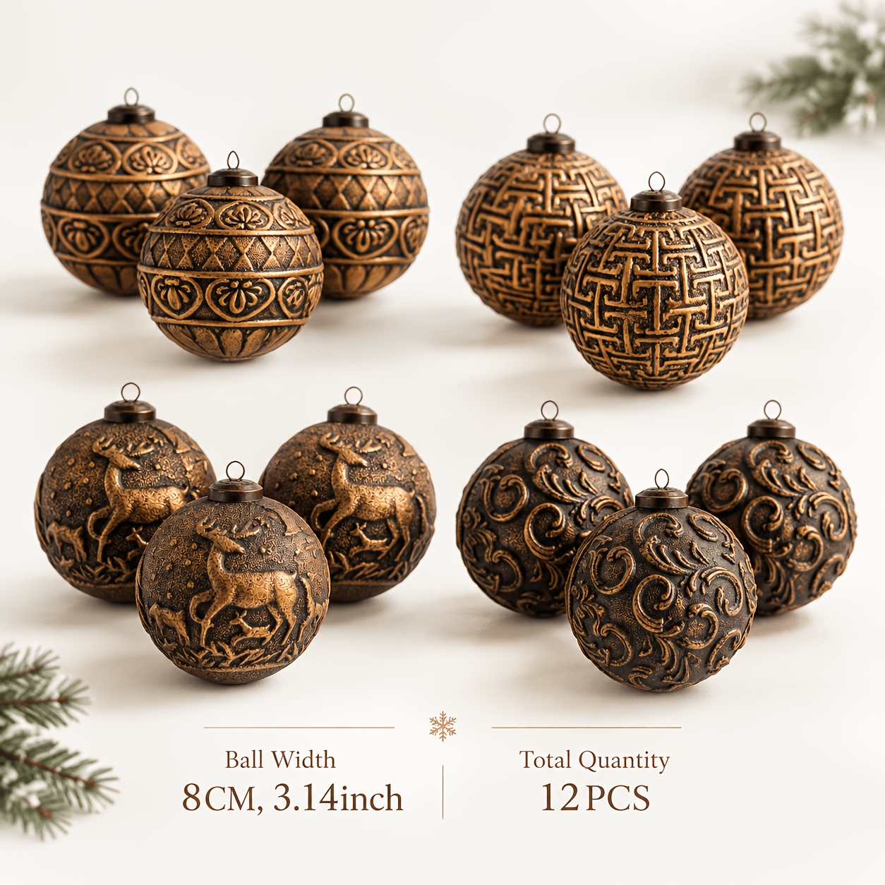 TEMU Juego de 12 piezas de bolas navideñas - Adornos vintage pintados a con renos y patrones geométricos, decoraciones colgantes de plástico para