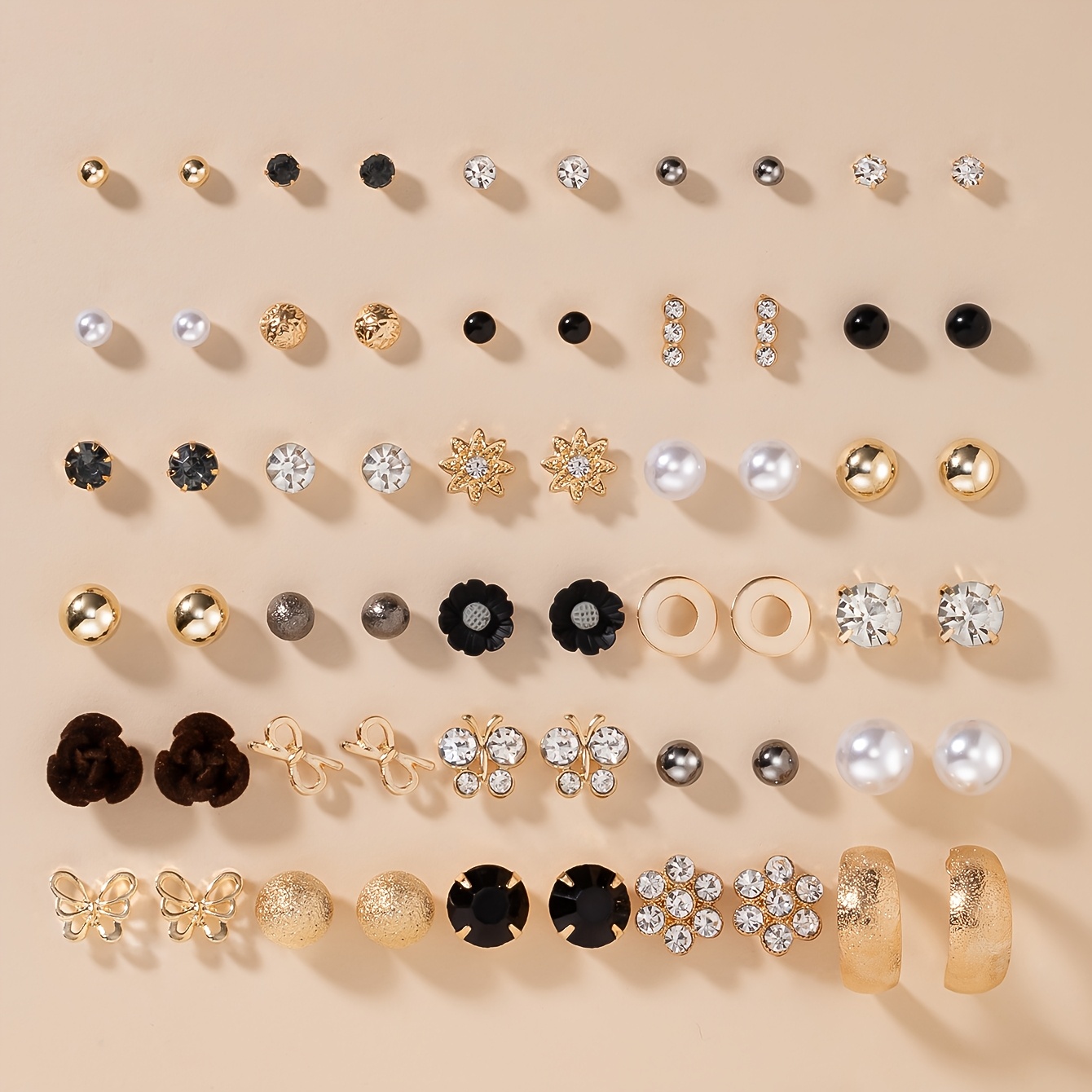 Image of A 60pcs Set Of Women's Stud Earrings With Rose, Flower, , And Sizes Of Round Designs, A Large Fashionable And Simple Multi-piece Jewelry Set, A Holiday And Festival Gift