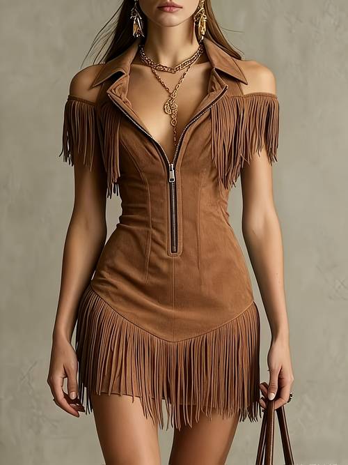 retro western style fringed lapel elegant womens spring summer dress