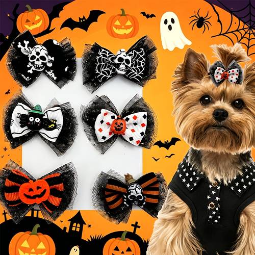 10pcs random halloween pet bow bands dog hair bow ties elastic bands small puppy grooming hair accessories
