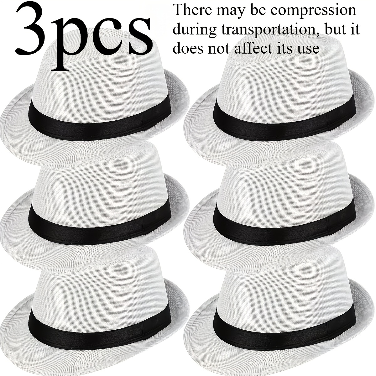TEMU 3pcs White Fedora Hats With Short Brim Panama Style Trilby Hat For Men Women Halloween Cosplay Wedding Birthday Party Costume Accessory