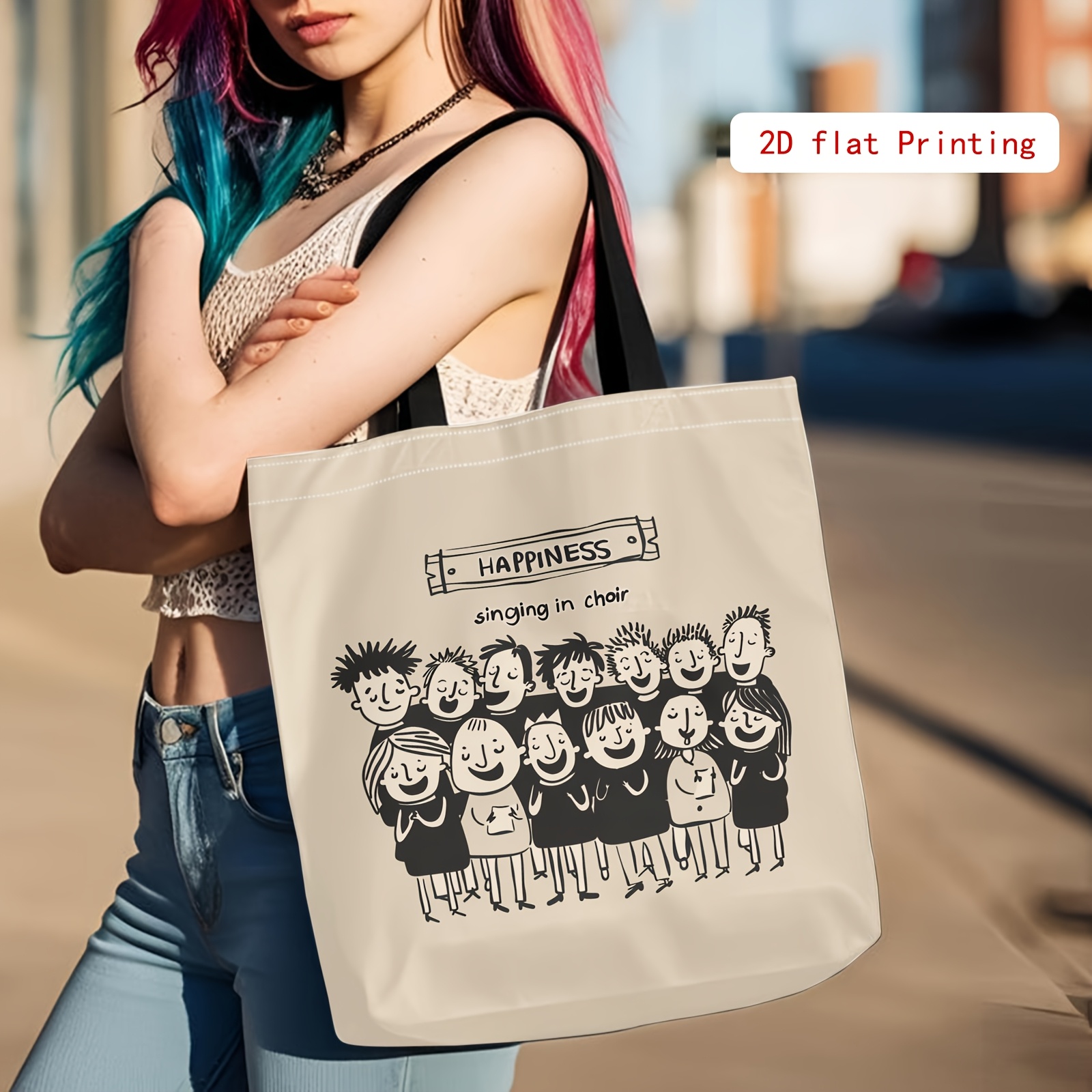 TEMU 1pc 2d Printed Chorus Character Pattern Tote Bag, Fashionable Bag For Travel, Daily Commuting, With Fixed Shoulder Strap, Women'-shoulder Tote