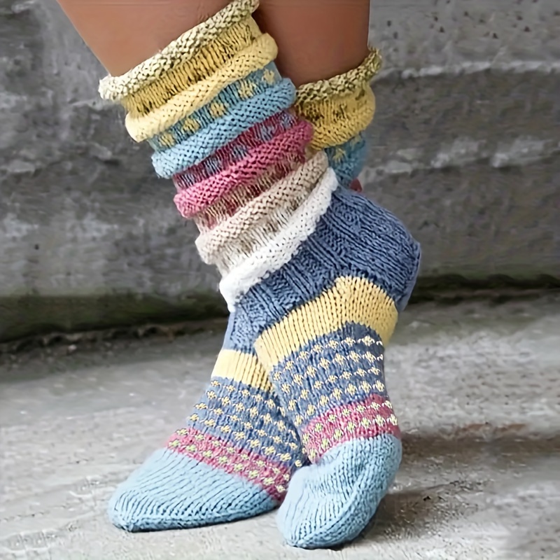 

Striped Knitted Socks, Retro Warm Floor Home Socks For Fall & Winter, Women's Stockings & Hosiery