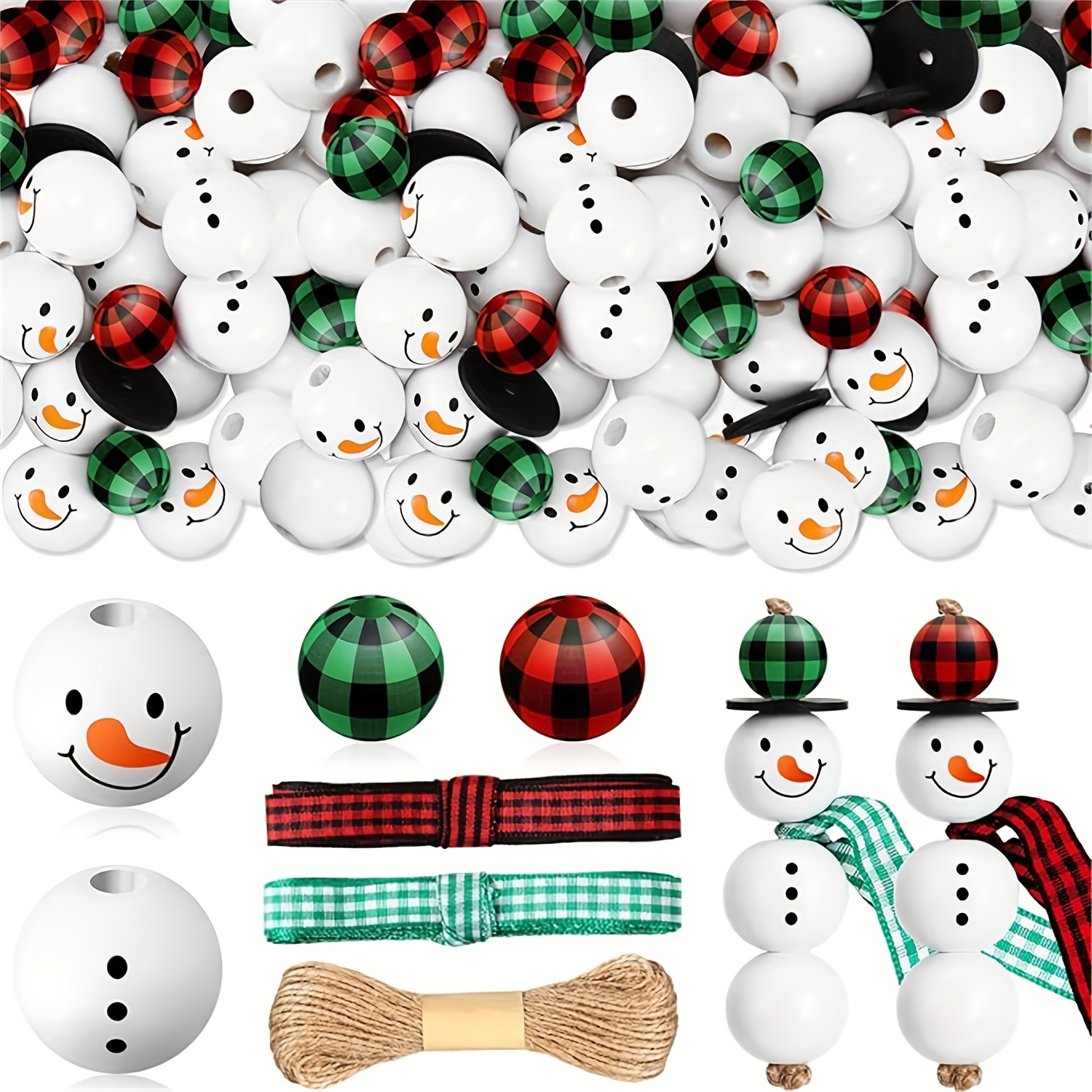 Image of 50pcs Of Christmas Snowman Wooden Beads, Winter Wooden Beads, Christmas Buffalo Check Round Beads, Christmas Printed Wooden Beads With Jute Rope Scarf Wooden Beads For Handmade Stringing