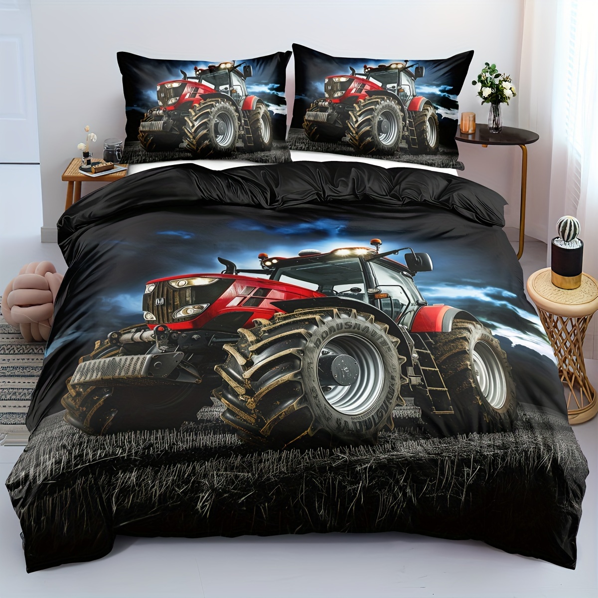 

2/3pcs Duvet Cover Set, Red Tractor Duvet Cover Set, Tractor Bedding Set, Tractor Bed Set, Construction Bed Set, Construction Duvet Cover Set(1*duvet Cover + 1/2*pillowcase, Core Not Included)