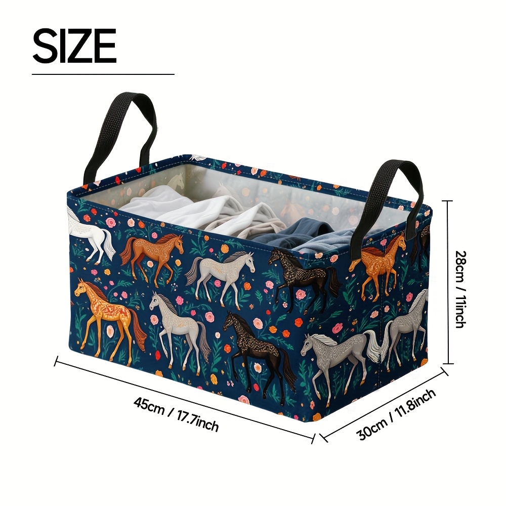 TEMU 1pc, Heavy Duty Collapsible Hamper, Square Oxford Fabric With Floral Horses Print Metal Frame, Dirty Clothes Basket For Gardening Tools Storage,